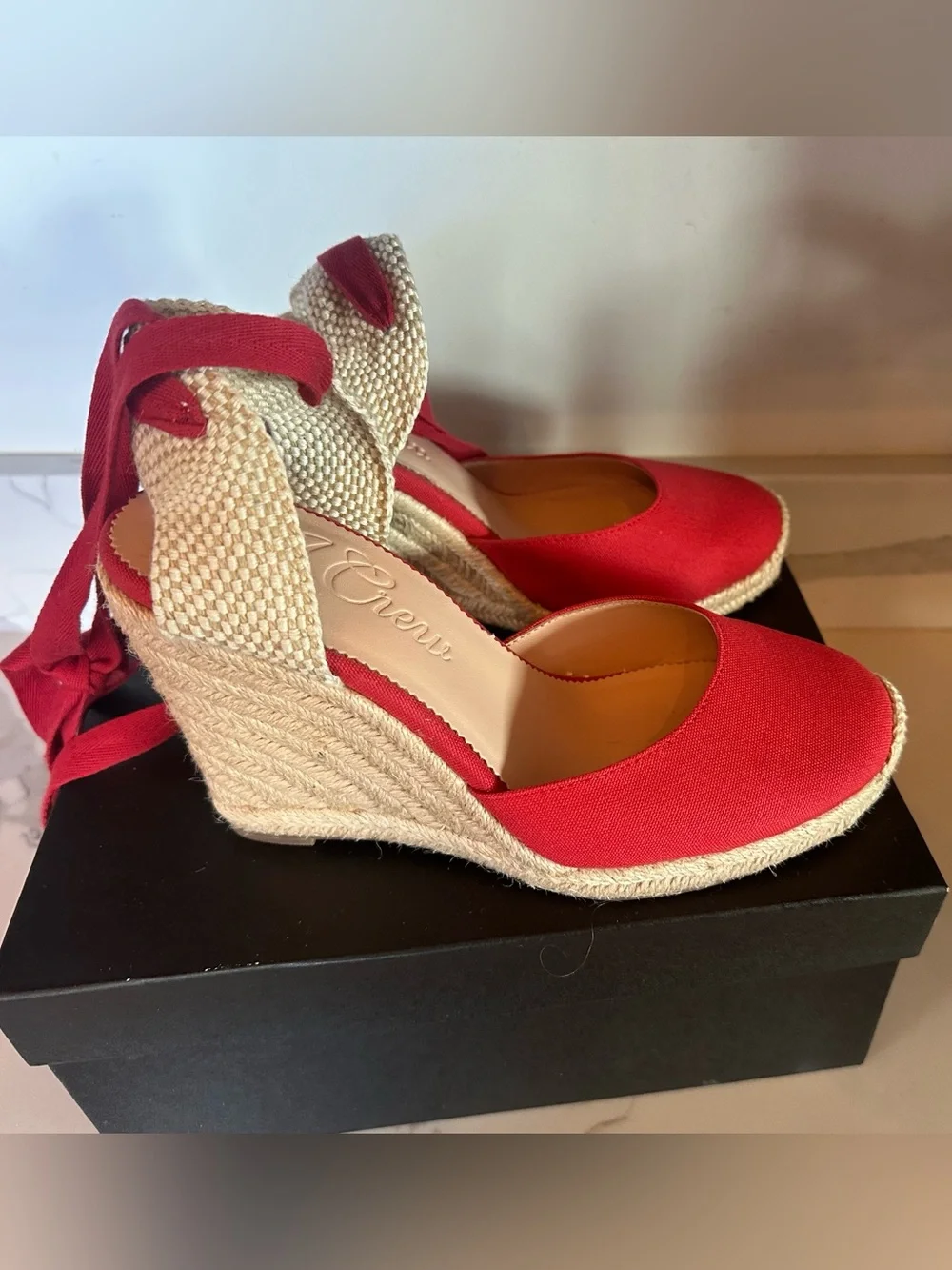 J Crew Canvas Red High Heel Espadrille Heels with Wrap Tie, Sz 8, retailed $158